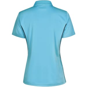 A women's light blue polo shirt featuring short sleeves and contrast detailing, with a logo on the front.