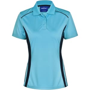 A light blue ladies' polo shirt featuring contrast black side panels and a logo on the collar.