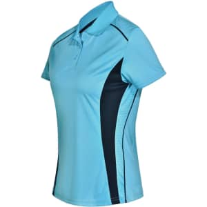 A blue and navy women's polo shirt featuring contrast panels and a logo. Short-sleeved design with a collar.