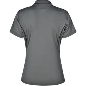 A grey polo shirt featuring short sleeves and a contrasting design at the sides, with a logo present.