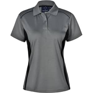 A grey ladies' polo shirt with contrast black sides and a collar, featuring a logo on the chest.
