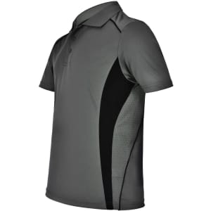 Men's Cooldry polo shirt in grey with black contrast panels, featuring a collar and short sleeves. It has a logo on it.
