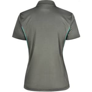 A grey ladies' polo shirt featuring contrast detailing on the sides and a collar. Designed with a logo.