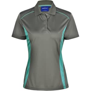 A grey polo shirt featuring teal contrast panels and a collar, with a logo on the chest.