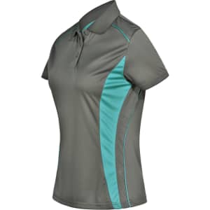A ladies' short-sleeve polo shirt in dark grey with teal contrast accents and a logo on the chest.