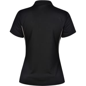 A black ladies' polo shirt featuring contrast detailing and a logo on the back.