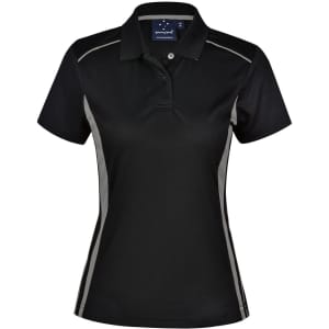 A black ladies' polo shirt with contrast detailing and a collar, featuring a logo on the chest.