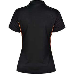 A black polo shirt with orange contrast detailing and a logo on the back.