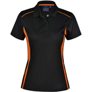 A black polo shirt with orange contrast detailing, featuring a collar and short sleeves. It has a logo on the chest.