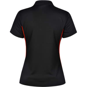A black polo shirt with contrasting red side panels and a collar. It includes a logo on the garment.