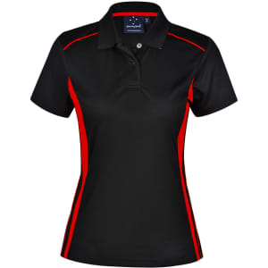 A black polo shirt with red contrast detailing and a collar. Features a logo on the front.