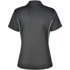 A black polo shirt with short sleeves featuring a contrast turquoise trim and a logo on the back.