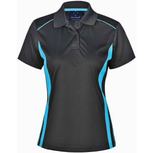 A black women's polo shirt with turquoise contrast panels and a collar. It has a logo on the inside tag.