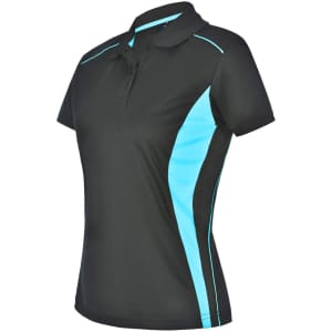 Ladies' black polo shirt featuring contrast turquoise accents and a logo. Short-sleeved and made from Cooldry fabric.