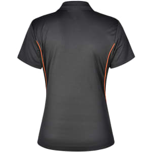 A black polo shirt with contrasting orange trim and a logo on the back.