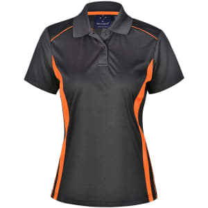 A black and orange polo shirt featuring a contrasting interlock design and a logo.
