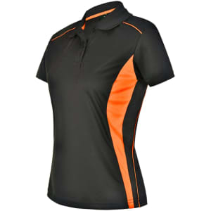 A black polo shirt with orange contrast detailing, featuring a collar and short sleeves. It has a logo on the chest.