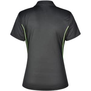A black polo shirt featuring contrast green stripes, designed with a fitted cut and a logo.