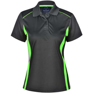 A black polo shirt with bright green contrast panels and a collar. It has a logo on the neckline.