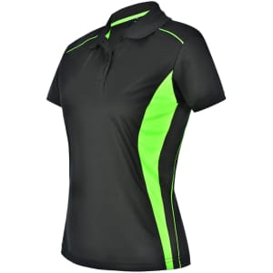 A black polo shirt with vibrant green contrast panels and a collar. The shirt features a logo on the front.