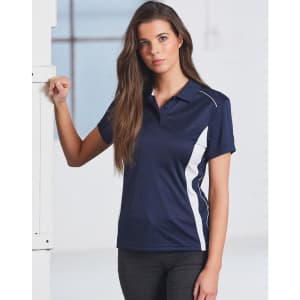 A navy polo shirt with white contrast panels, featuring a collar and short sleeves. It has a logo on the front.