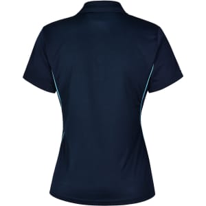 A navy blue ladies' polo shirt featuring contrast piping and a logo on the back.