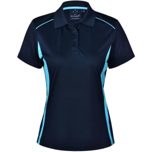 A navy polo shirt with light blue contrast detailing, featuring a collared neck and buttons. It has a logo on the brand tag.