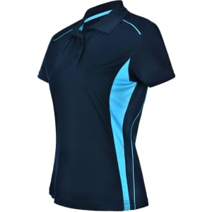 A navy blue polo shirt with light blue contrast panels and a collar. Features a logo on the shirt.