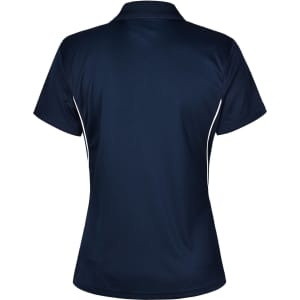 A ladies' polo shirt in navy with contrast piping, showcasing a sleek and sporty design. It features a logo.