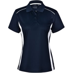 A navy blue ladies' polo shirt with white contrast panels and a collar, featuring a logo on the front.