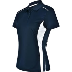 A navy blue ladies' polo shirt with white contrast panels and a logo on the chest.