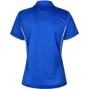 A blue women's polo shirt with contrast detailing and a logo, featuring a classic collar and short sleeves.