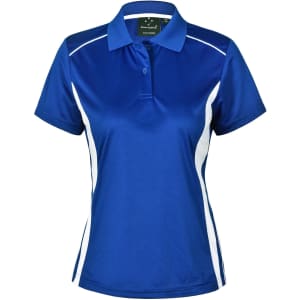 A women's blue polo shirt with white contrast panels and a collared neckline. It features a logo on the label.