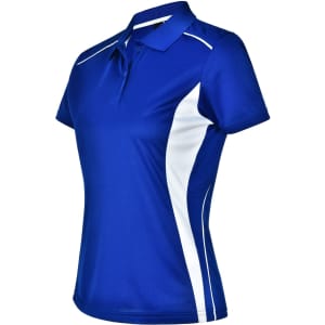 A blue and white ladies' polo shirt with contrast detailing and a collar, featuring a logo on the chest.