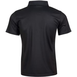 A black short-sleeve polo shirt with a collared neckline and a logo. The back view displays a smooth, solid design.
