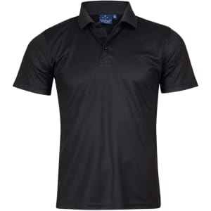 A black short-sleeve polo shirt made of Cooldry fabric, featuring a collar and three buttons, with a logo.