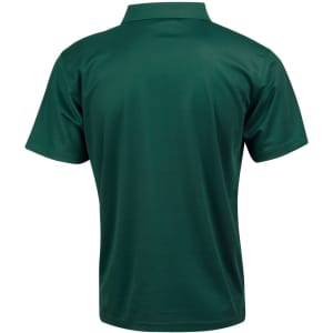 A green short-sleeve polo shirt featuring a collar and a logo on the front.