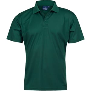 A dark green short-sleeve polo shirt with a collar and a logo on the chest.
