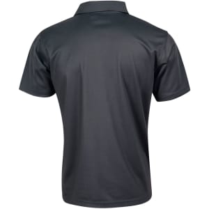 A dark grey short-sleeved polo shirt featuring a collar and a logo on the back.