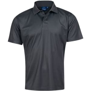 A black short-sleeve polo shirt with a classic collar and a logo on the chest.