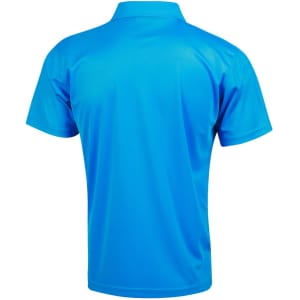 A blue short-sleeve polo shirt with a collar, featuring a logo on the back.