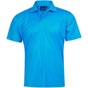 A bright blue men's short-sleeve polo shirt made from Cooldry material, featuring a collar and a logo.