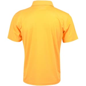 A short-sleeved polo shirt in bright yellow with a collar and a logo on the back.
