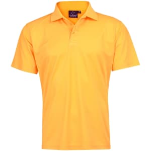 A short-sleeved polo shirt in bright orange with a collar and a logo on the neck.