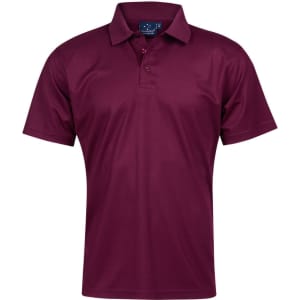 A maroon men's short-sleeve polo shirt with a collar and a logo on the chest.