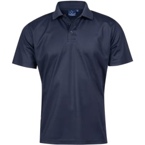 A navy short-sleeved polo shirt featuring a collar and a logo on the label.