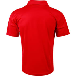 A red men's polo shirt in a solid colour with a classic collar and short sleeves. It features a logo on the chest.