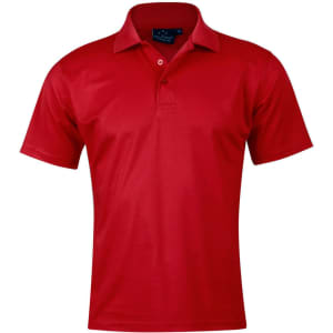 A red short-sleeve polo shirt with a classic collar and a logo on the upper left side.