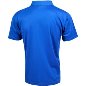 A blue short-sleeved polo shirt with a collar and a logo on the back. Ideal for casual wear.