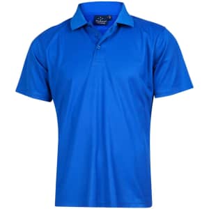 A blue Men's Cooldry Pique Solid Colour Short Sleeve Polo shirt with a collar and a logo.